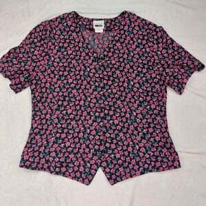 LESLIE FAY SPORTSWEAR WOMENS VINTAGE BLACK PINK FLORAL BUTTON FRONT TOP SIZE 16